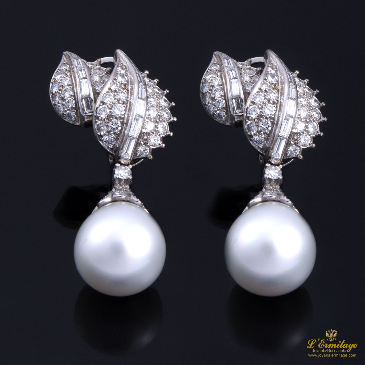 Pendientes Colgantes Oro Blanco Diamantes Y Perlas Australianas
