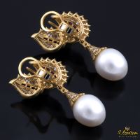 Pendientes colgantes oro amarillo perlas rubíes y diamantes