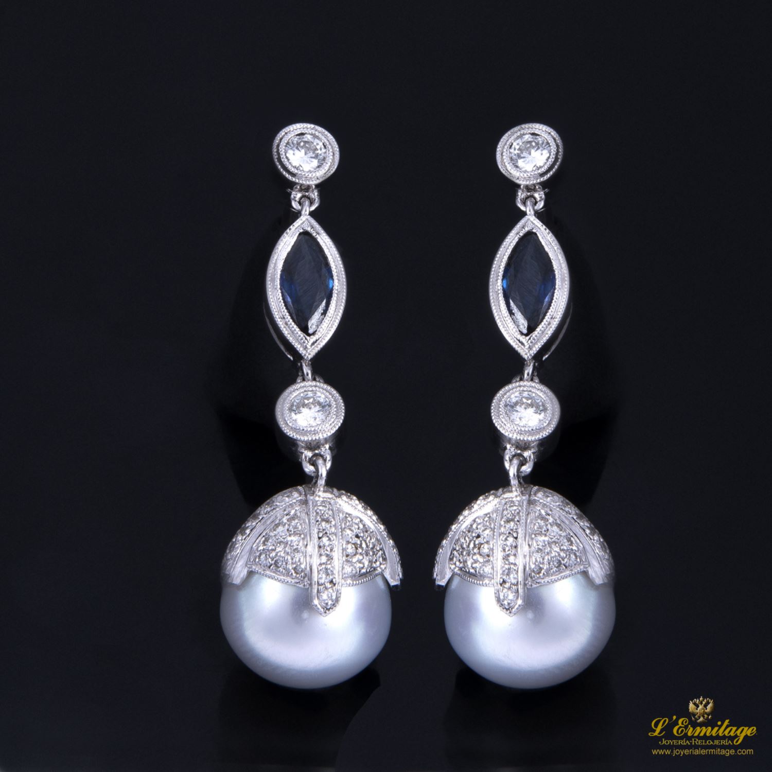 Pendientes Colgantes Antiguos Perla Australiana Y Diamantes en oro blanco · Compra Venta de Relojes de Lujo y · Joyería L'Ermitage