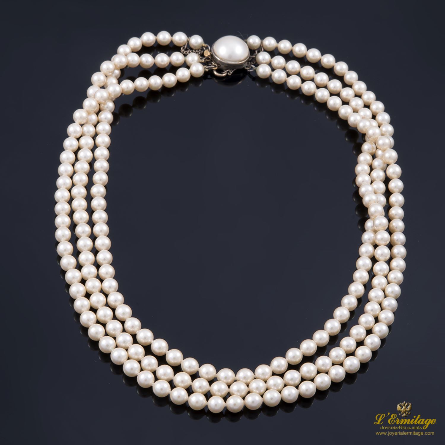 Perlas Cultivadas 3 Hilos Broche Plata Perla Japonesa en plata · Compra Venta de Relojes de Lujo y Joyas · Joyería L'Ermitage