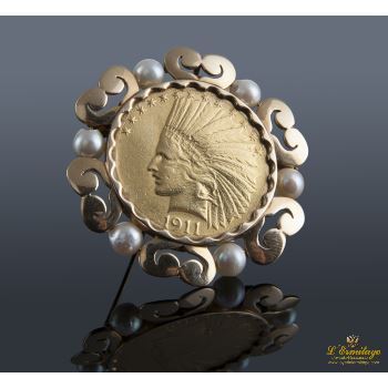 BROCHES / ALFILERES<BR>ALFILER ORO AMARILLO PERLAS CON MONEDA · ref.: RIM