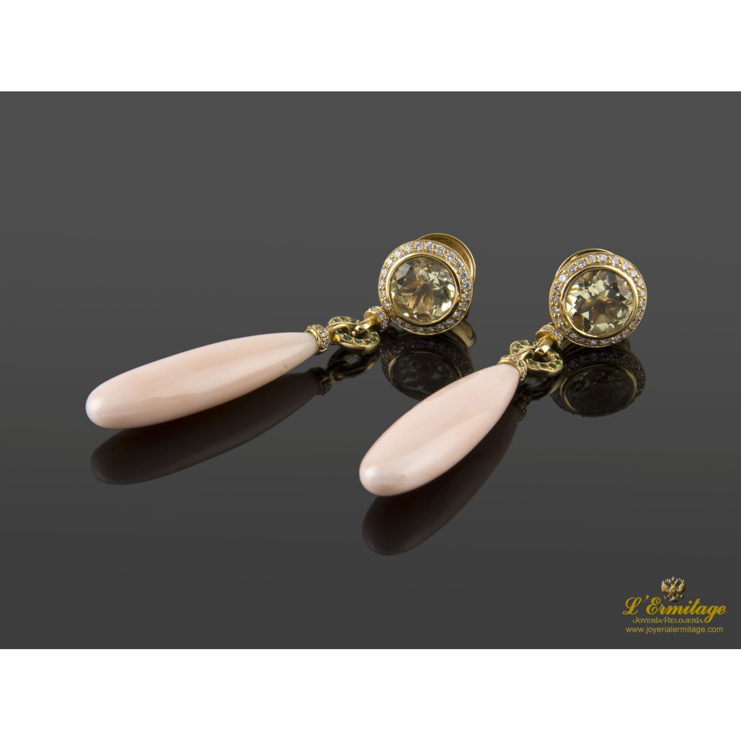 Pendientes Colgantes Oro Amarillo Coral Piel De Ángel Citrinos Esmeraldas Y Diamantes. en amarillo · Venta de Relojes de Lujo y Joyas · Joyería
