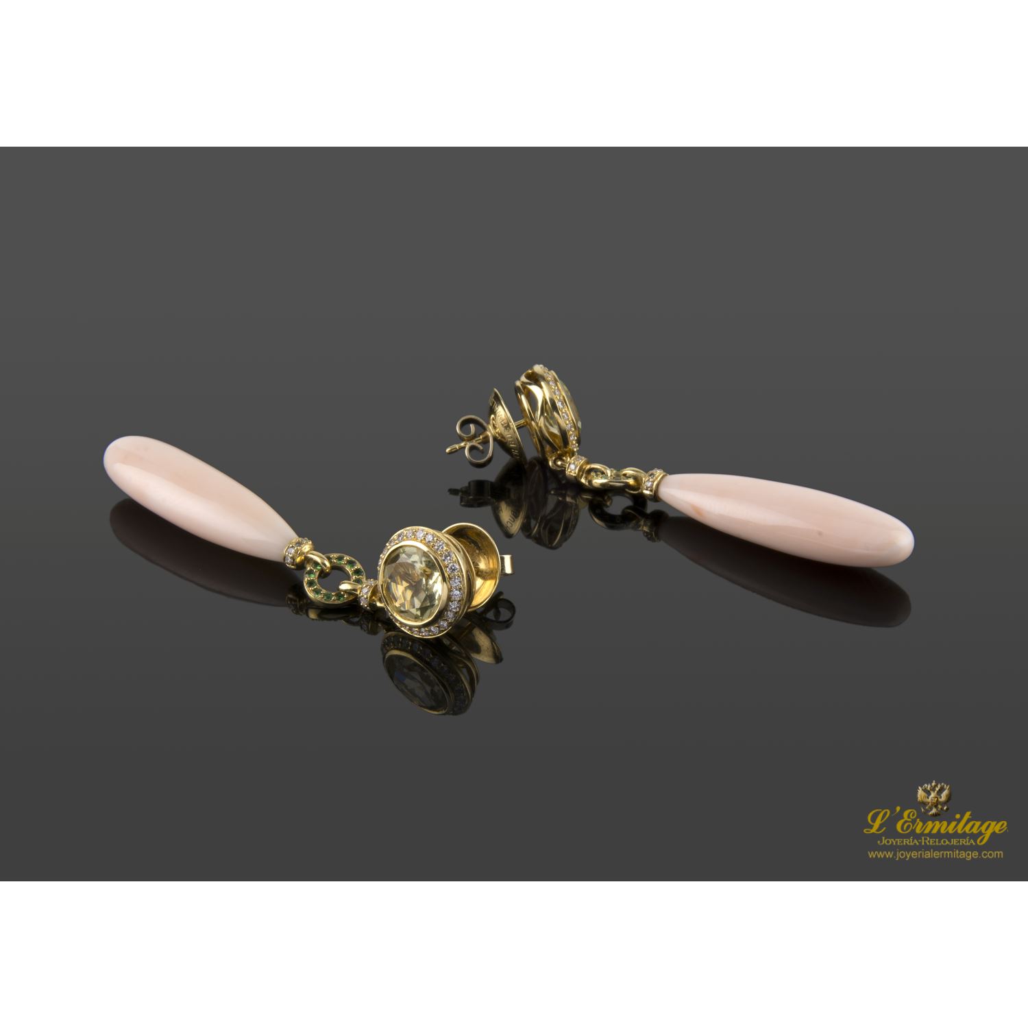 Pendientes Colgantes Oro Amarillo Coral Piel De Ángel Citrinos Esmeraldas Y Diamantes. en amarillo · Venta de Relojes de Lujo y Joyas · Joyería