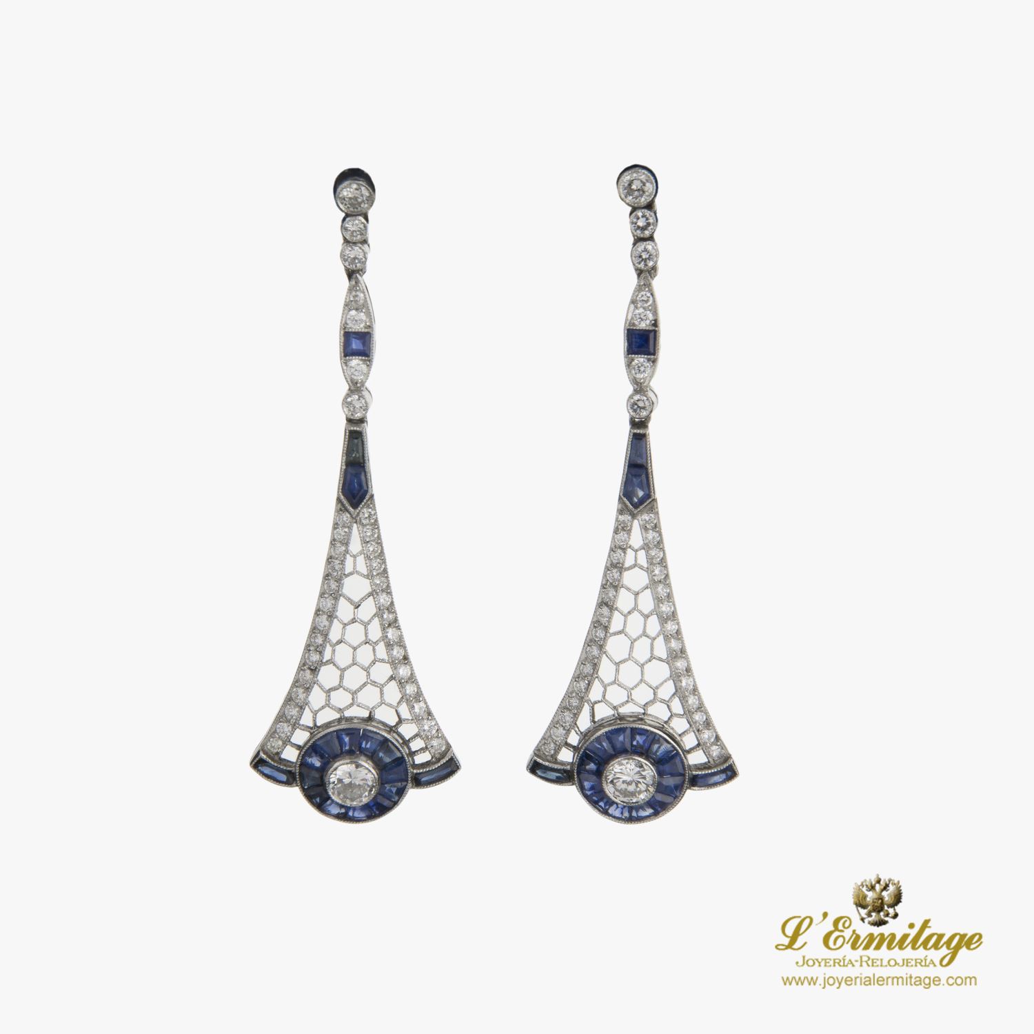 Pendientes Colgantes Art Deco Y Diamantes en oro blanco · Compra Venta de de Lujo y Joyas · Joyería L'Ermitage