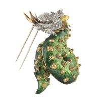 Broche-alfiler dragón oro amarillo esmalte pavé de diamantes y rubí