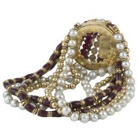 Pulsera antigua oro amarillo perlas rubíes y esmalte