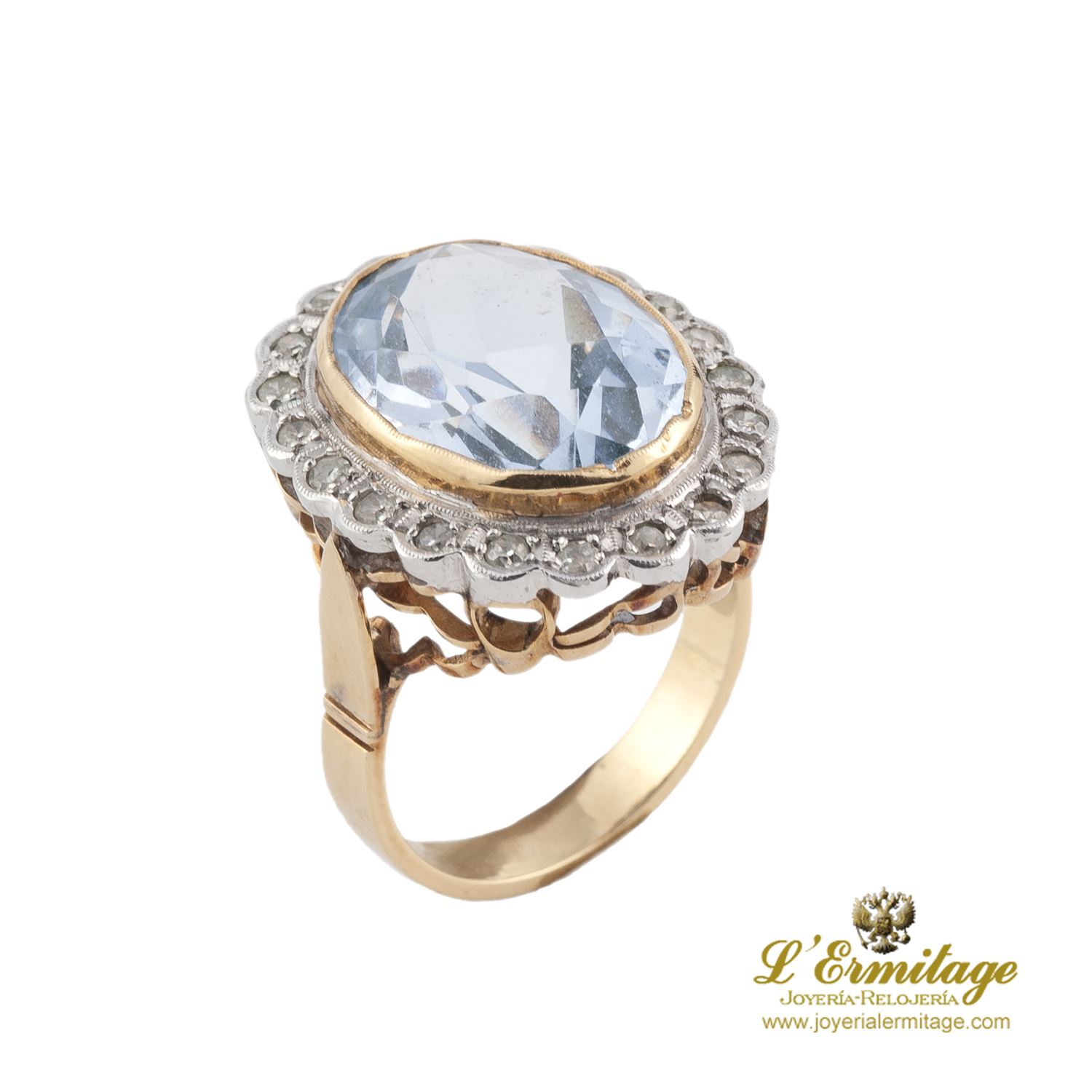 Sortija Antigua Aguamarina Y Orla De Diamantes. en oro amarillo · Compra  Venta de Relojes de Lujo y Joyas · Joyería L'Ermitage