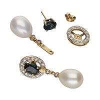 Pendientes desmontables en oro amarillo con turmalinas, brillantes y perlas.