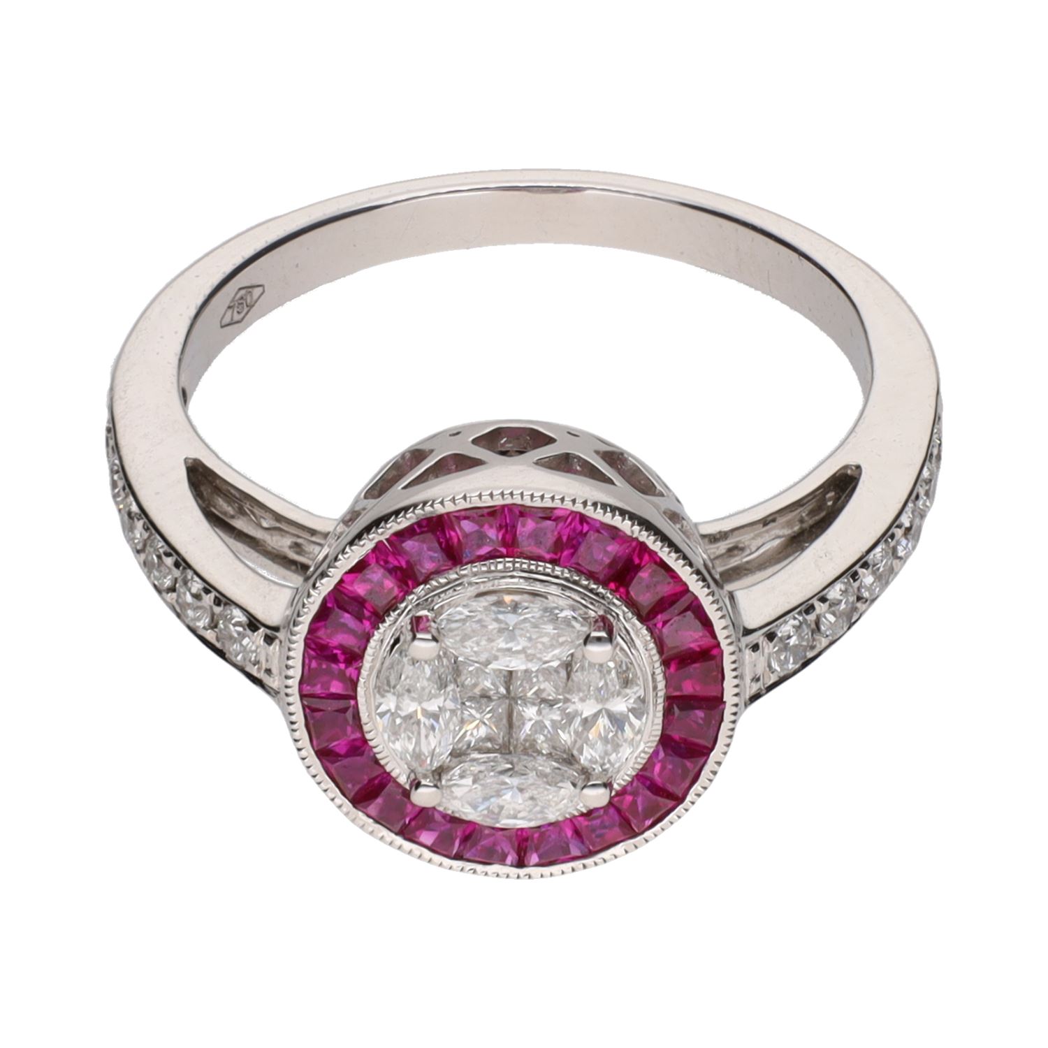 Sortija en oro blanco con rubíes y diamantes. Talla 14.