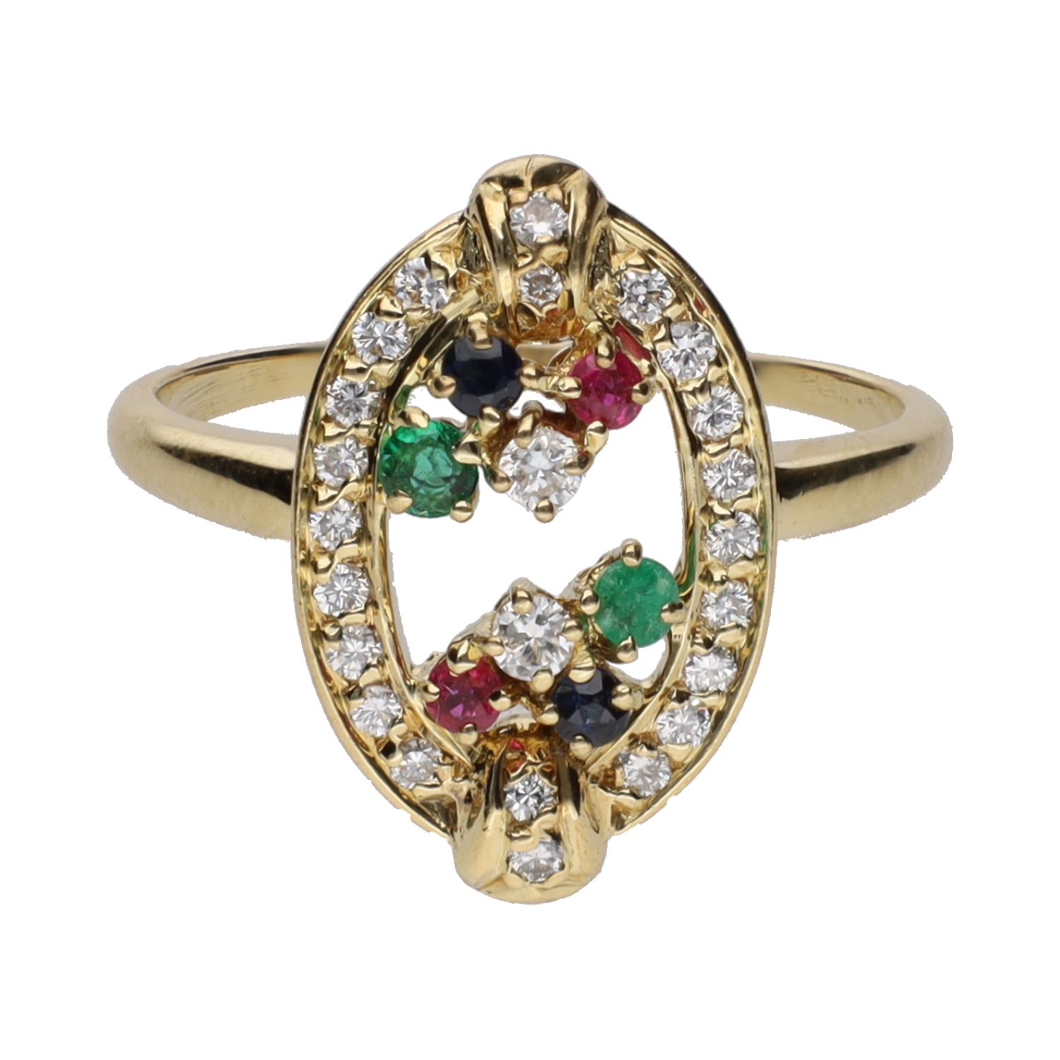 Sortija en oro amarillo con esmeraldas, rubíes, zafiros y brillantes. Talla 20.