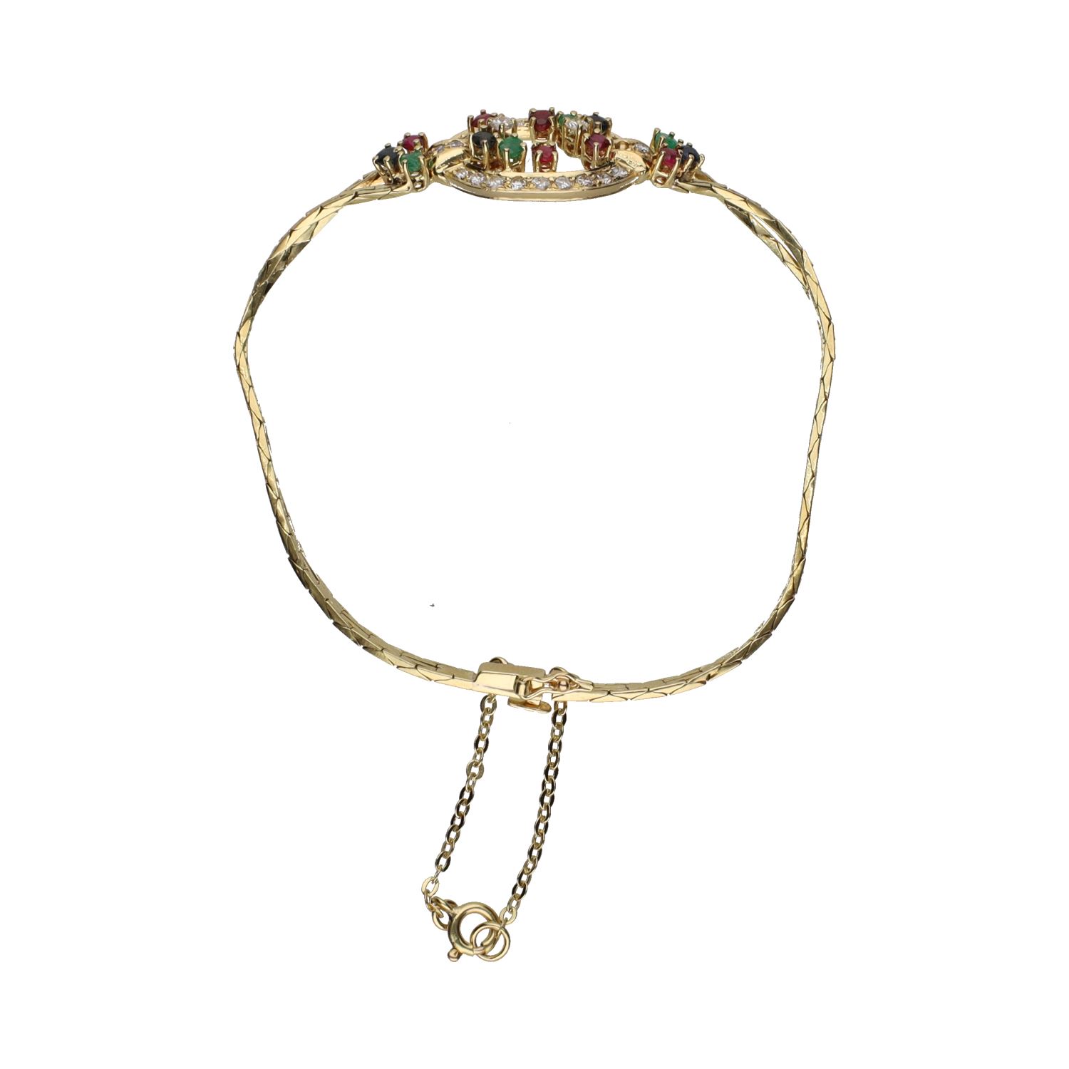 Pulsera en oro amarillo con esmeraldas, rubíes, zafiros y brillantes.