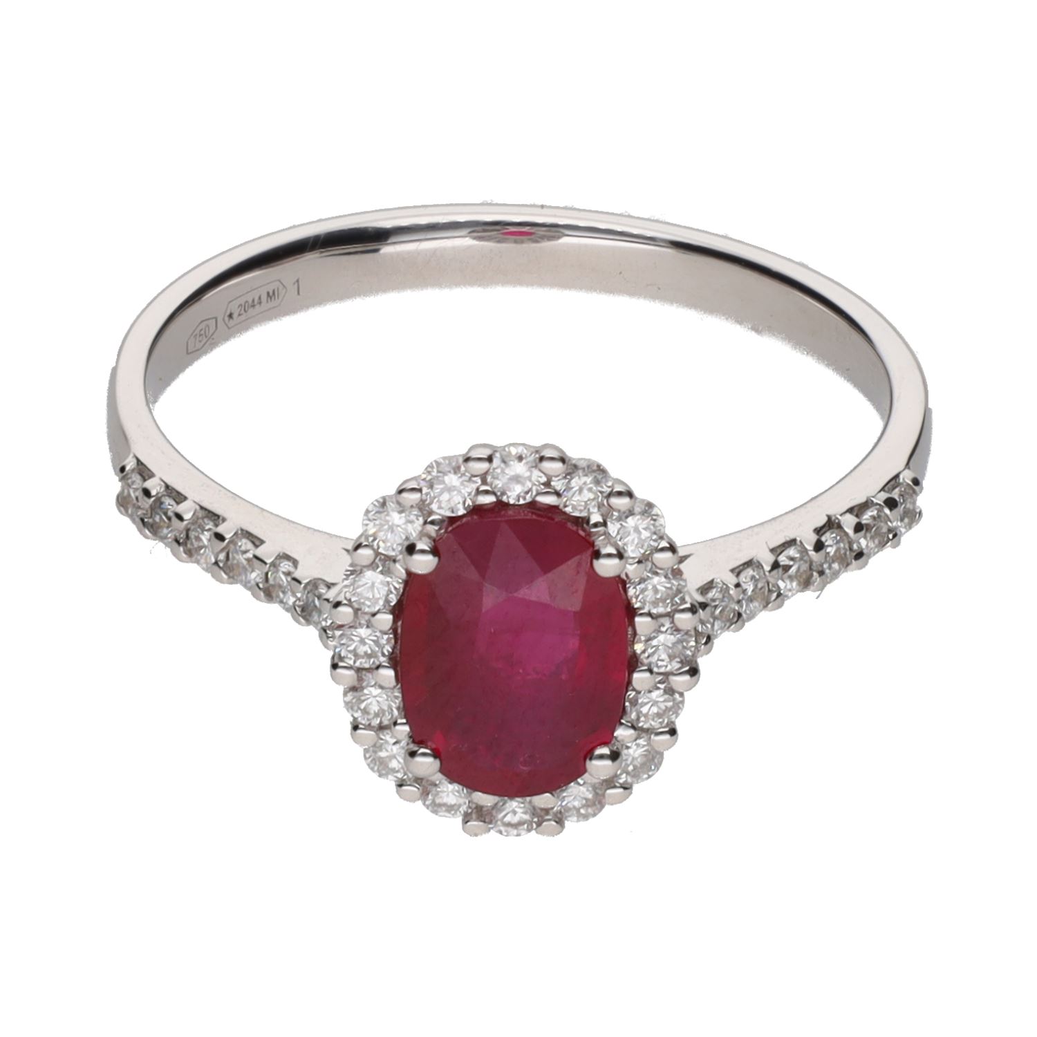 Sortija en oro blanco con rubí y brillantes. Talla 14.