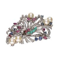 BROCHES / ALFILERES<BR>BROCHE EN ORO BLANCO CON PERLAS, RUBÍE...