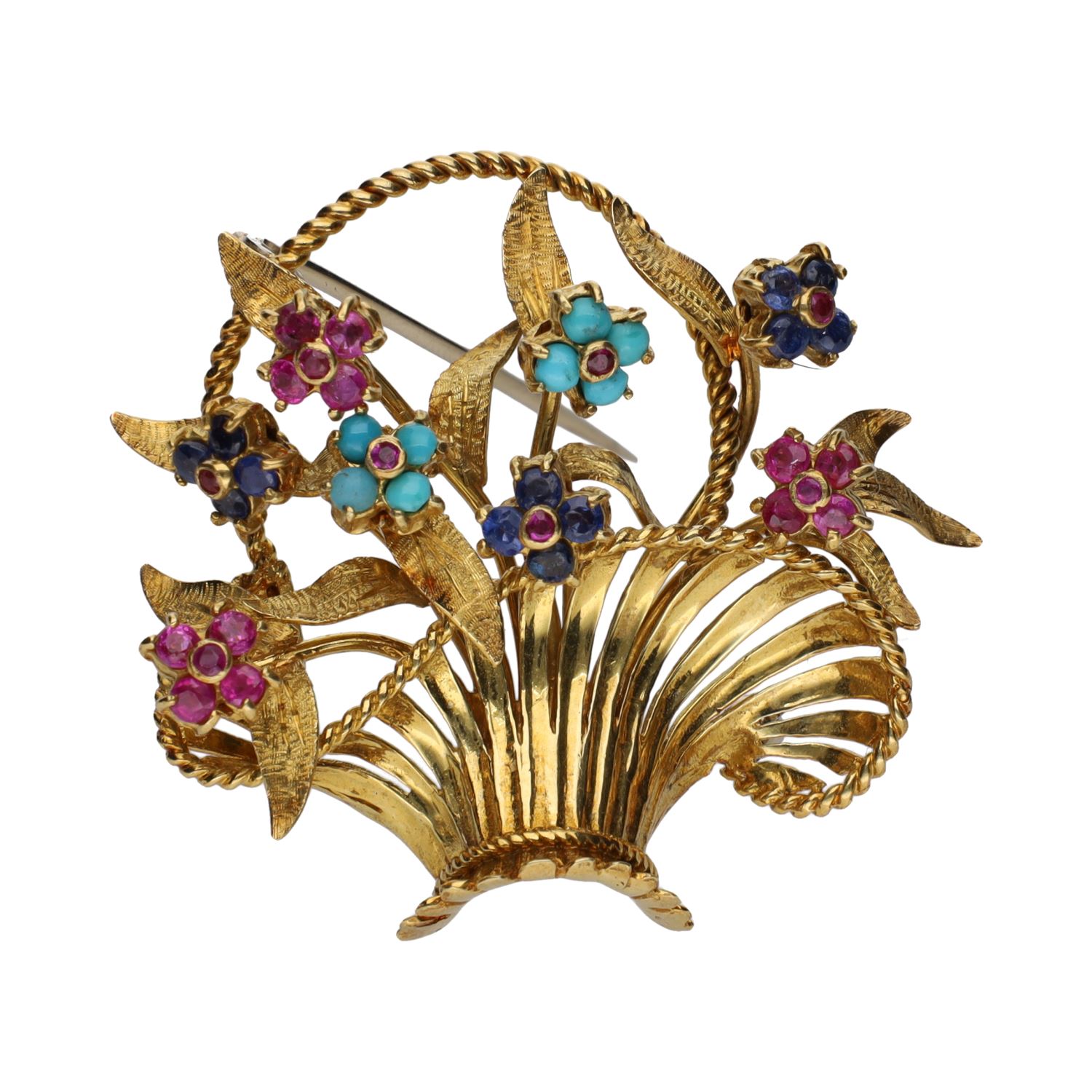 Broche en forma de cesta con flores realizado en oro amarillo.