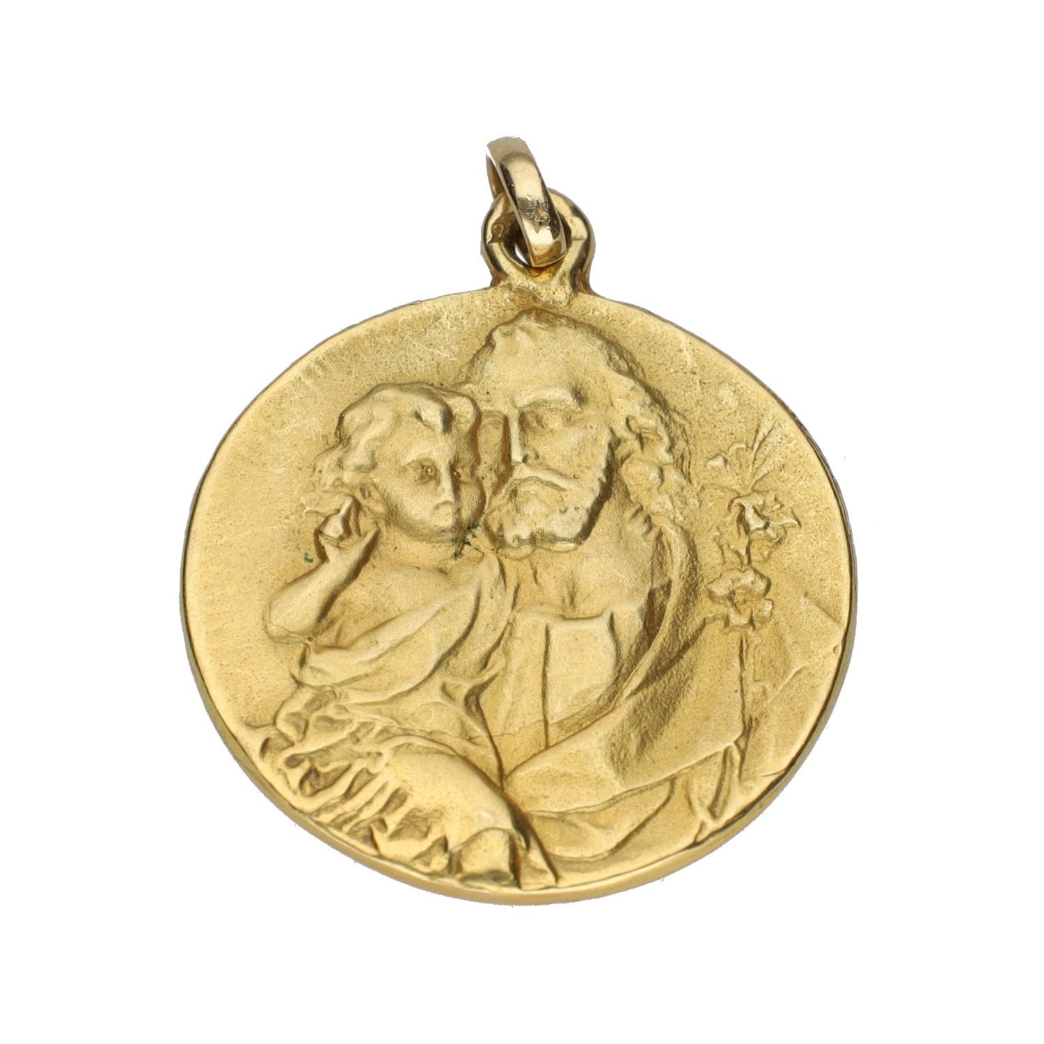 Colgante medalla en oro amarillo con imágenes religiosas.