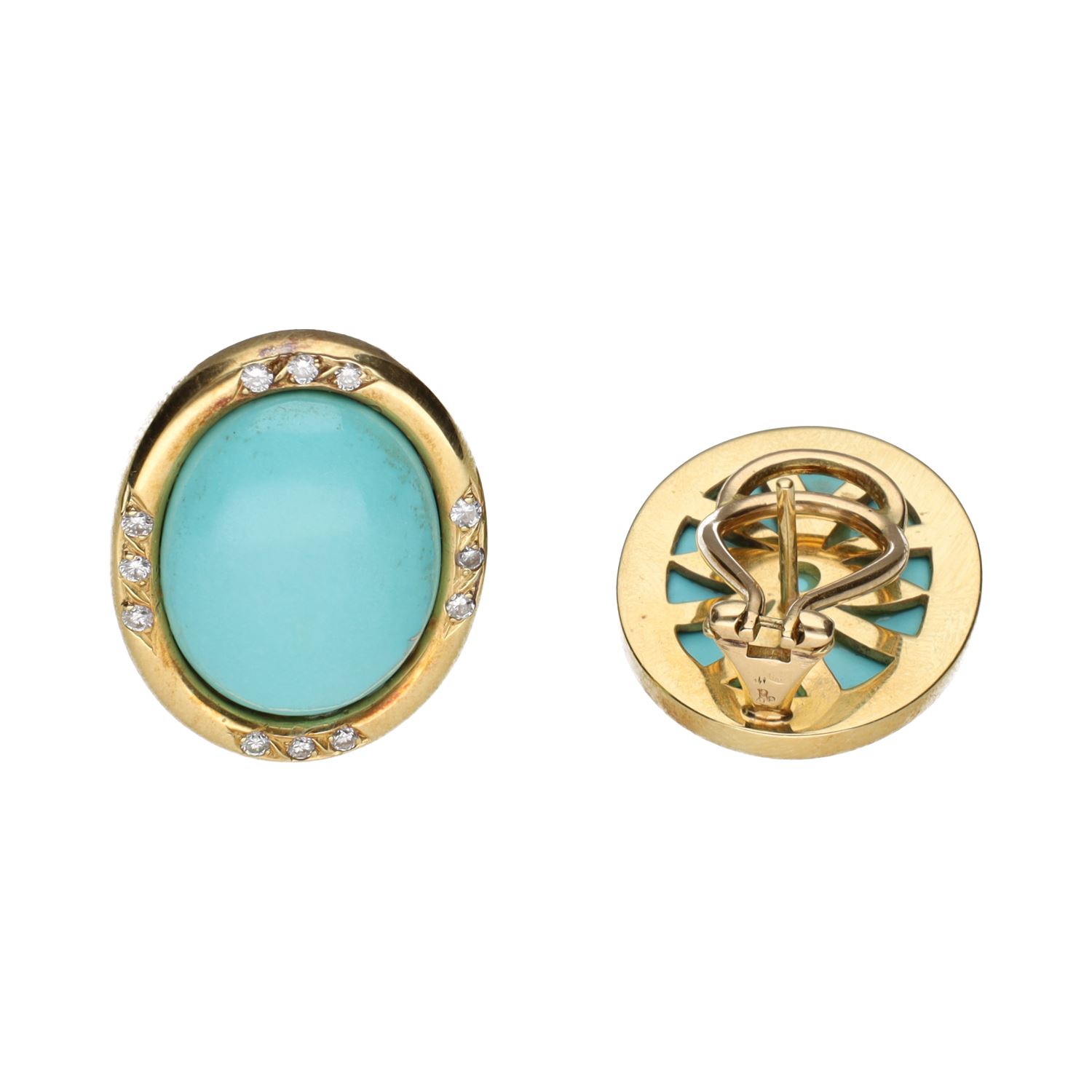 Pendientes en oro amarillo con turquesas y brillantes.