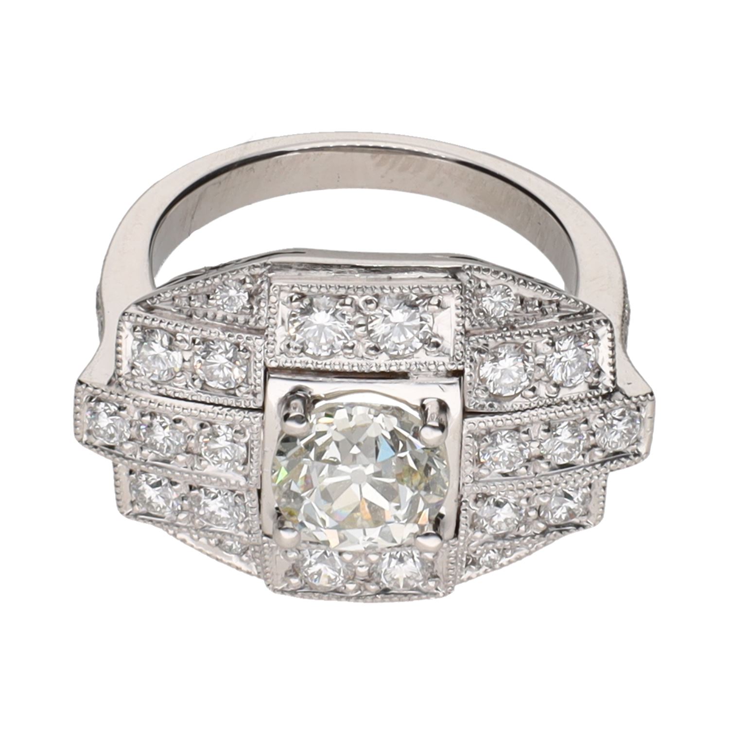 Sortija antigua en oro blanco con brillantes. Talla 13.