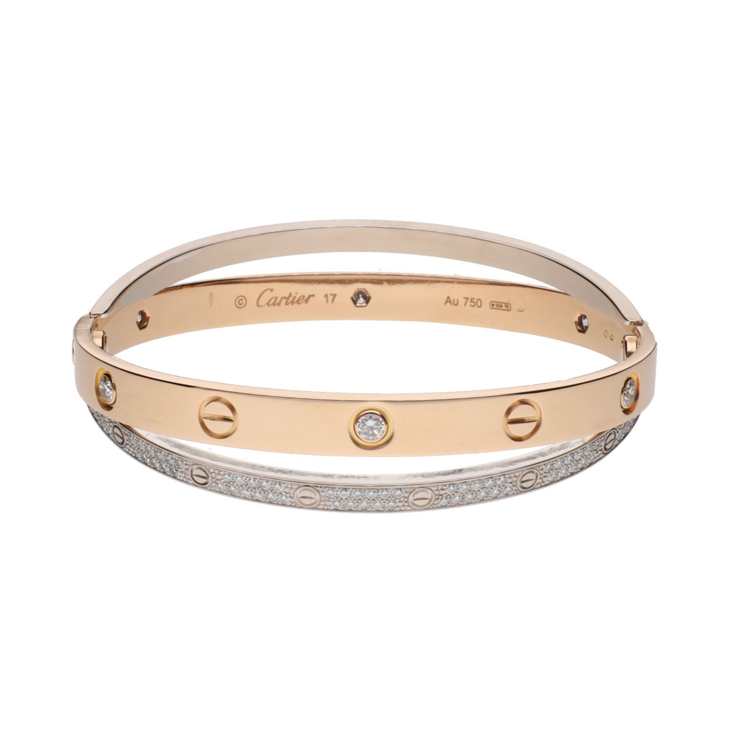 Pulsera love de cartier en oro rosa y oro blanco con brillantes. Talla 17.