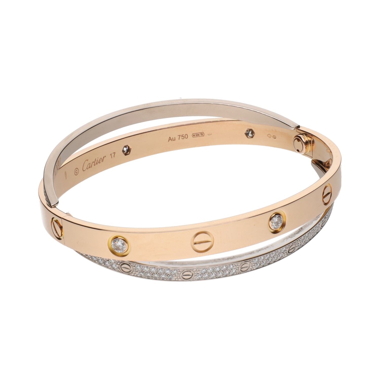Pulsera love de cartier en oro rosa y oro blanco con brillantes. Talla 17.