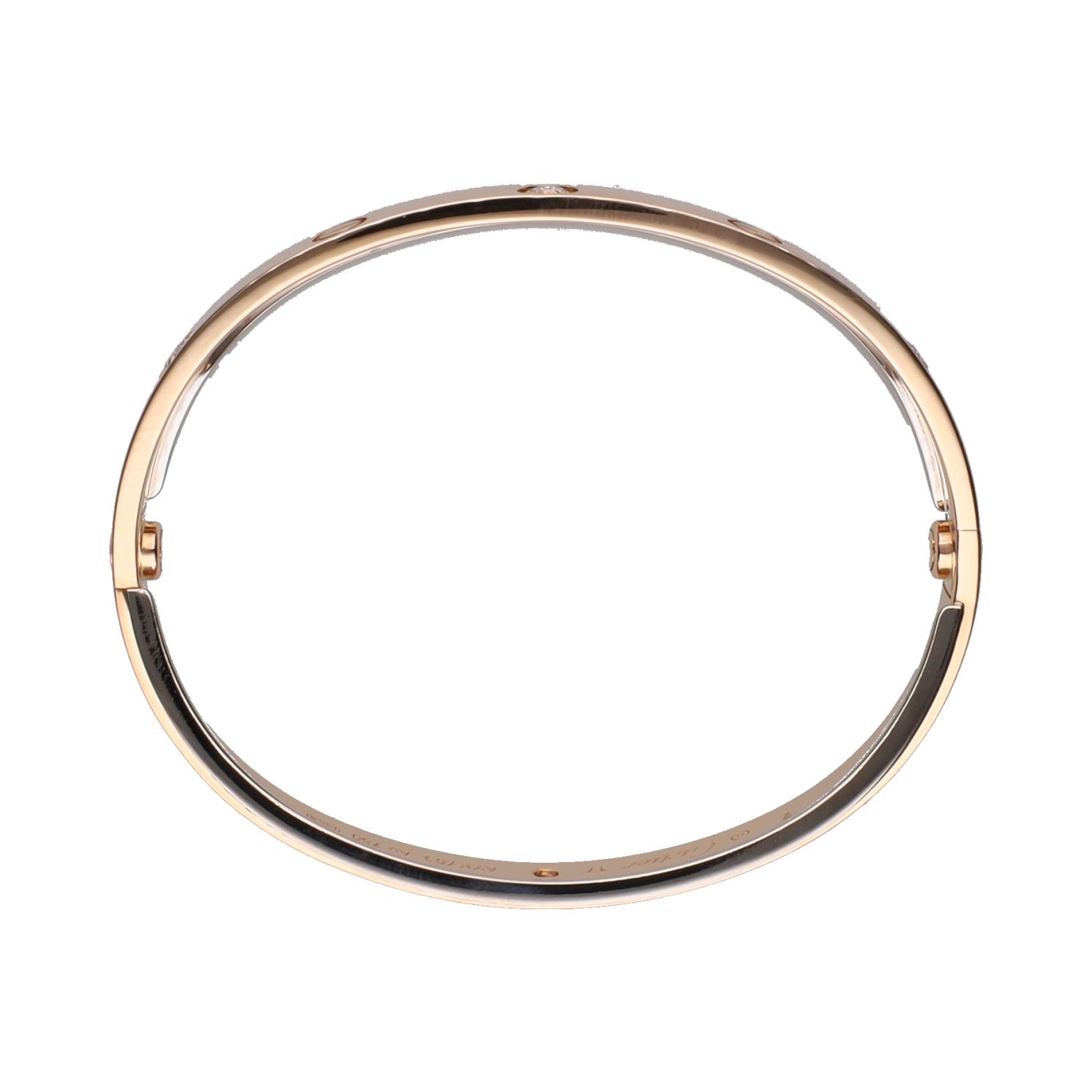 Pulsera love de cartier en oro rosa y oro blanco con brillantes. Talla 17.
