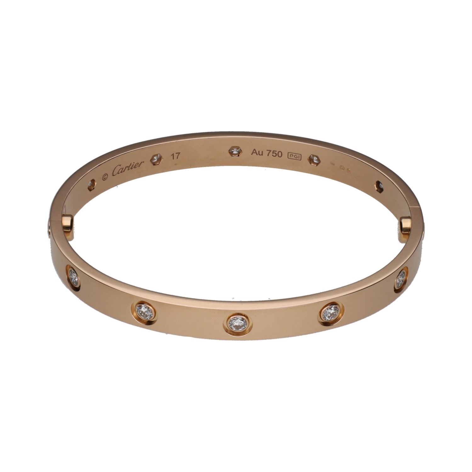 Pulsera love de cartier en oro rosa con brillantes. Talla 17
